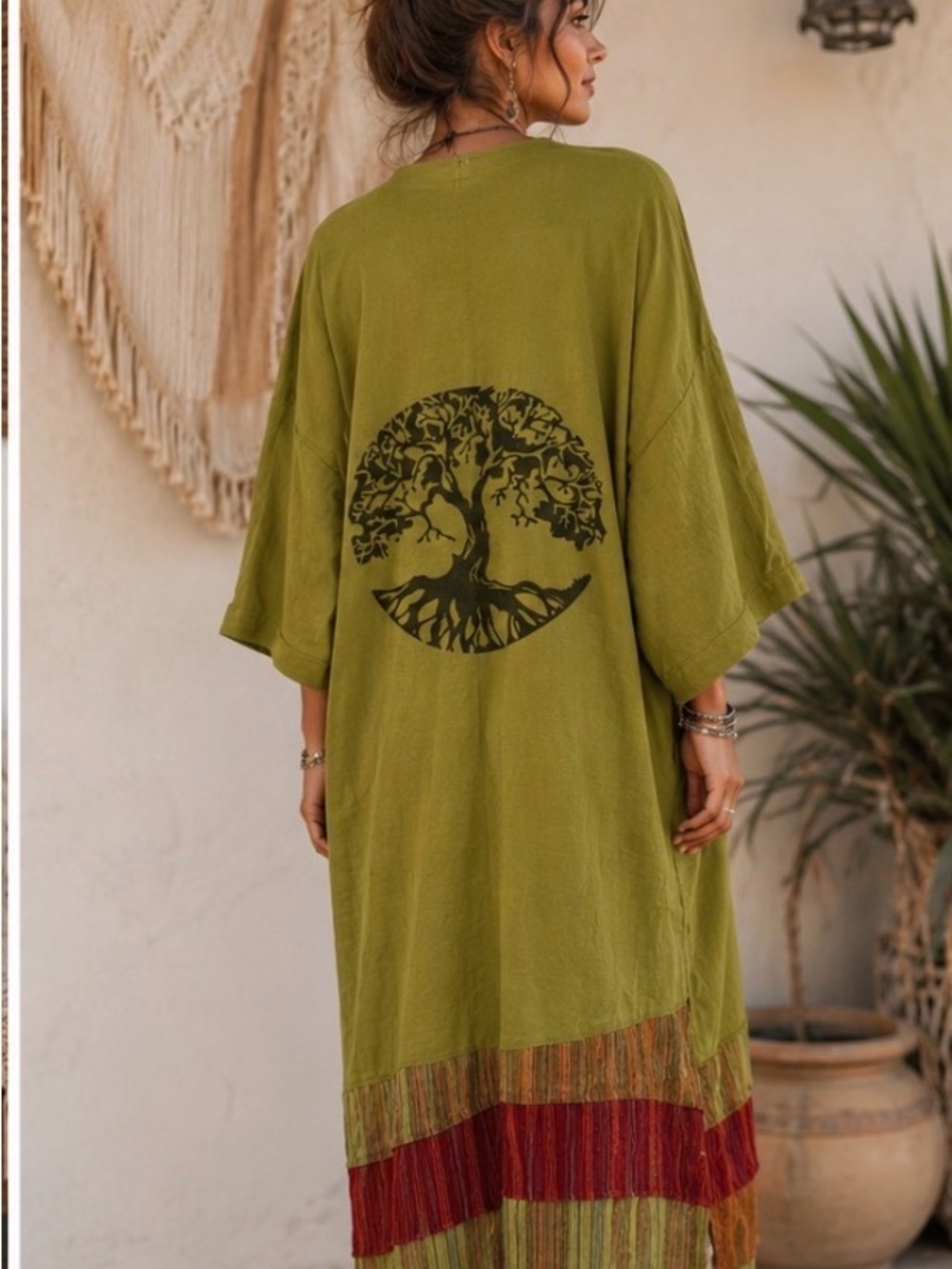 Tree of Life Boho Kimono Duster | Olive Green Open Front Cardigan |-NWT - Picture 2 of 2